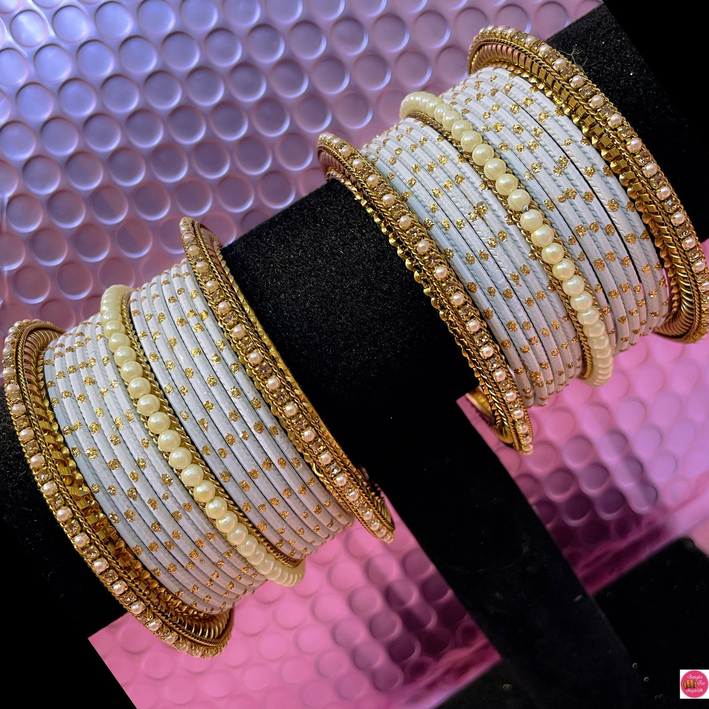 Gold Pearl Metal Bangles Set- White