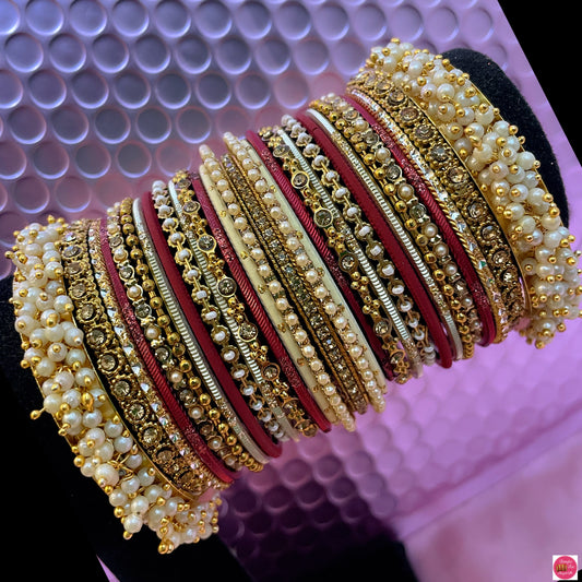 Pearl Metal Bangles Set- Maroon