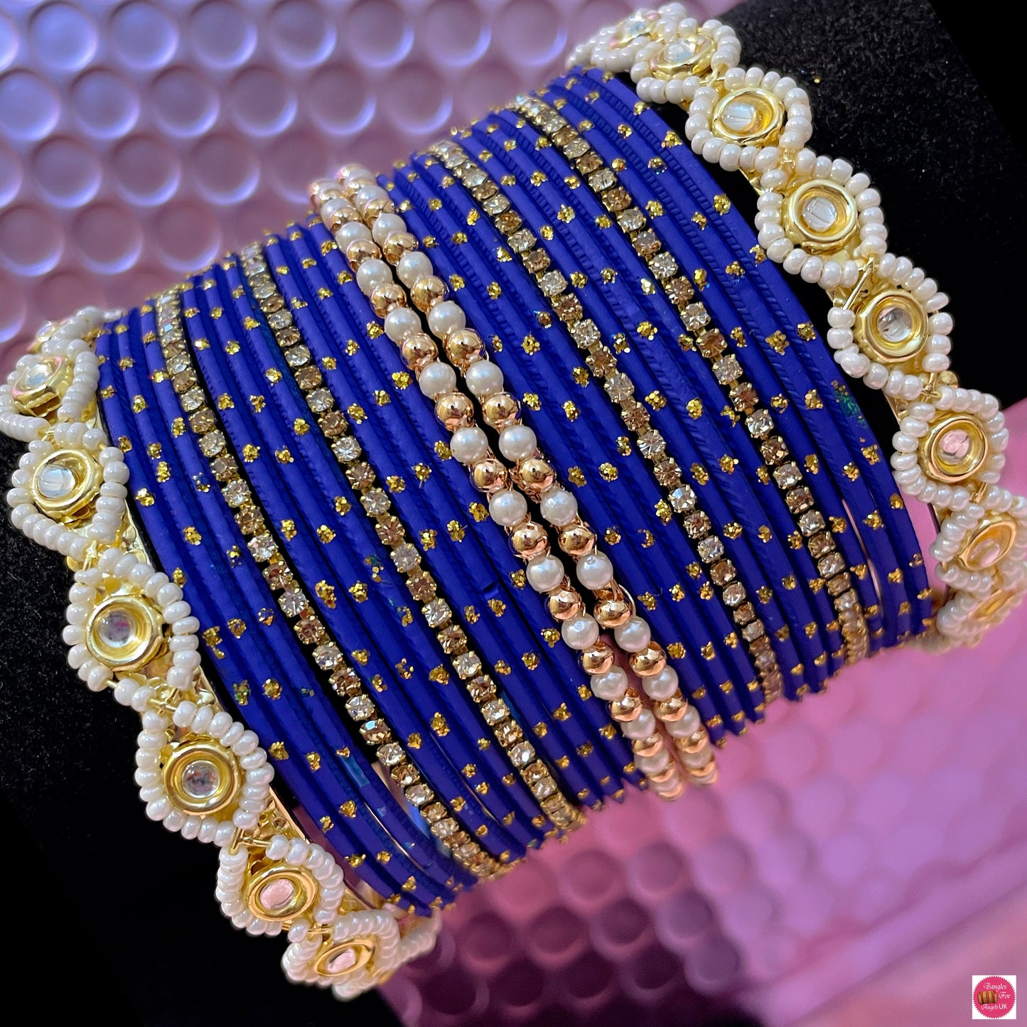 Gold Pearl Metal Bangles Set- Blue