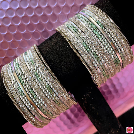 Silver & Mint Green Metal Bangles Set