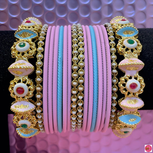 Pastel Pearl Metal Bangles Set- Light Pink