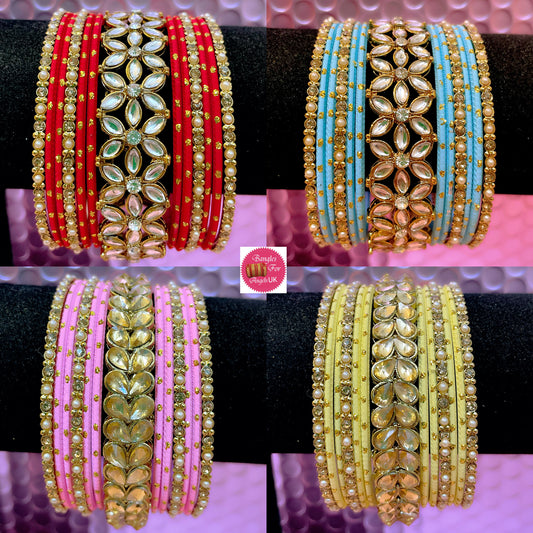 Kundan Metal Bangles Sets- Various Colours