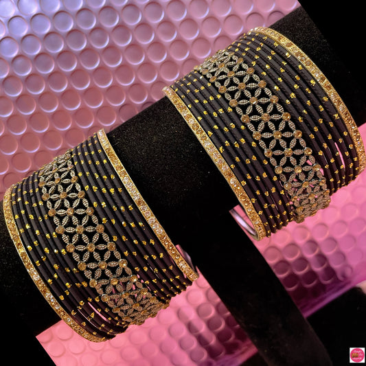 Gold Zirconia Metal Bangles Set- Black