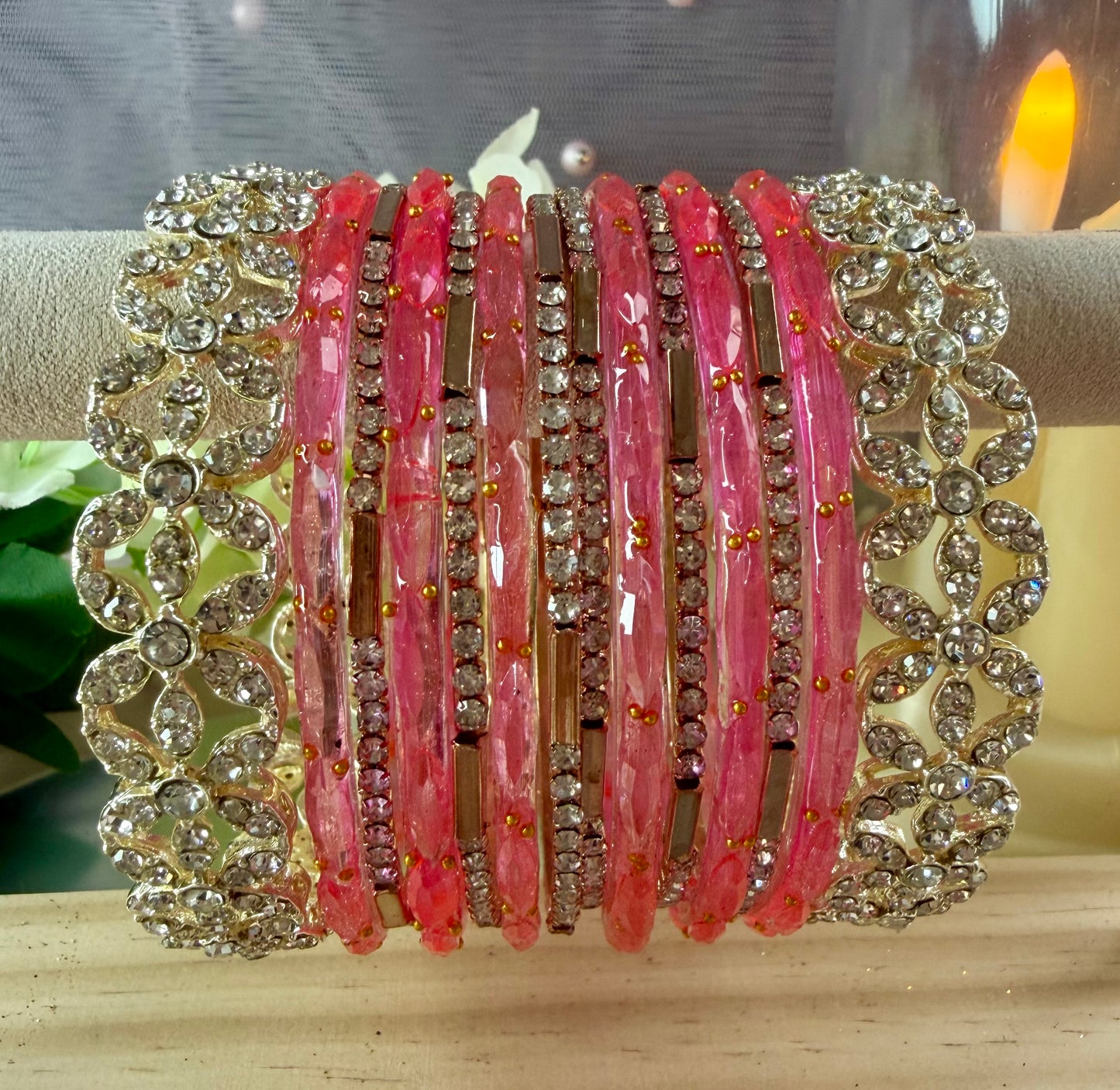 Gold Pink Glass Bangles Set