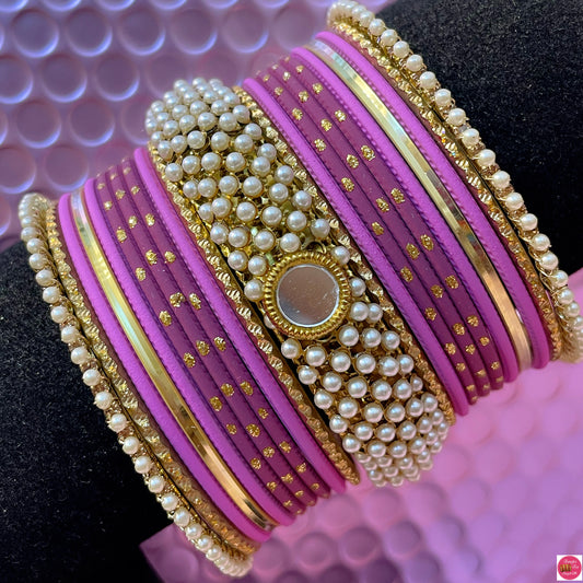 Gold Pearl Metal Bangles Set- Onion Pink