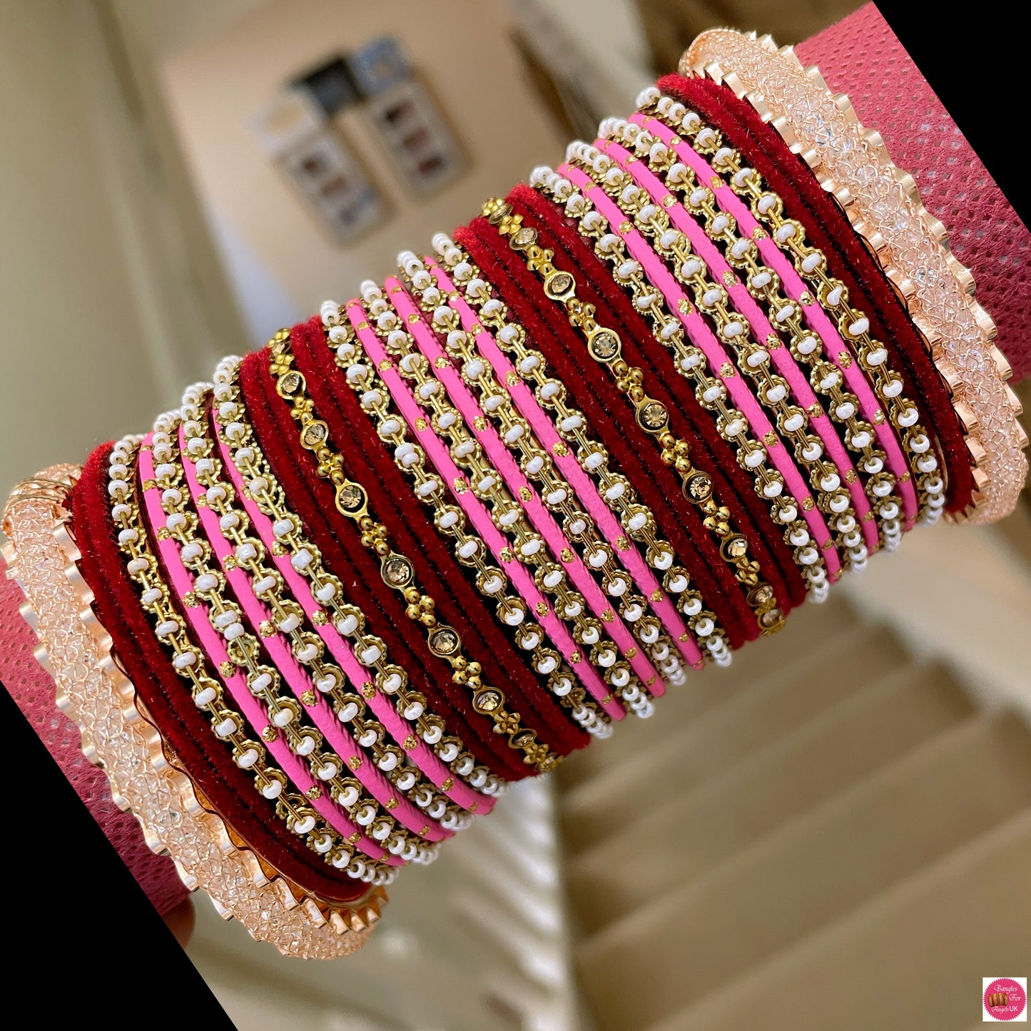 Gold Zirconia Pearl Velvet Metal Bangles Set- Maroon/Pinks