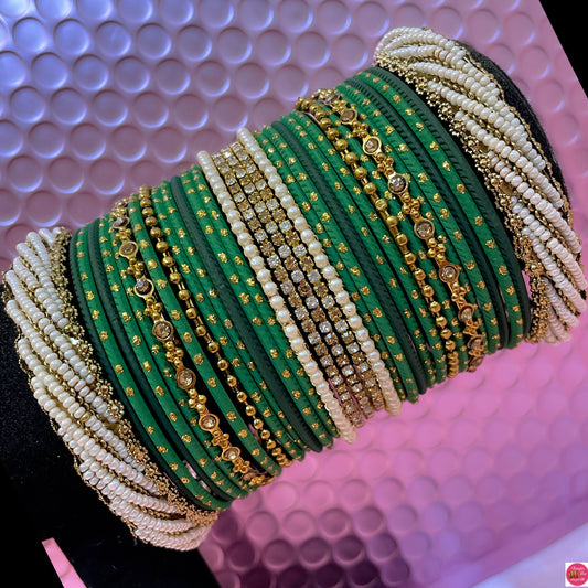 Pearl Zirconia Metal Bangles Set- Green