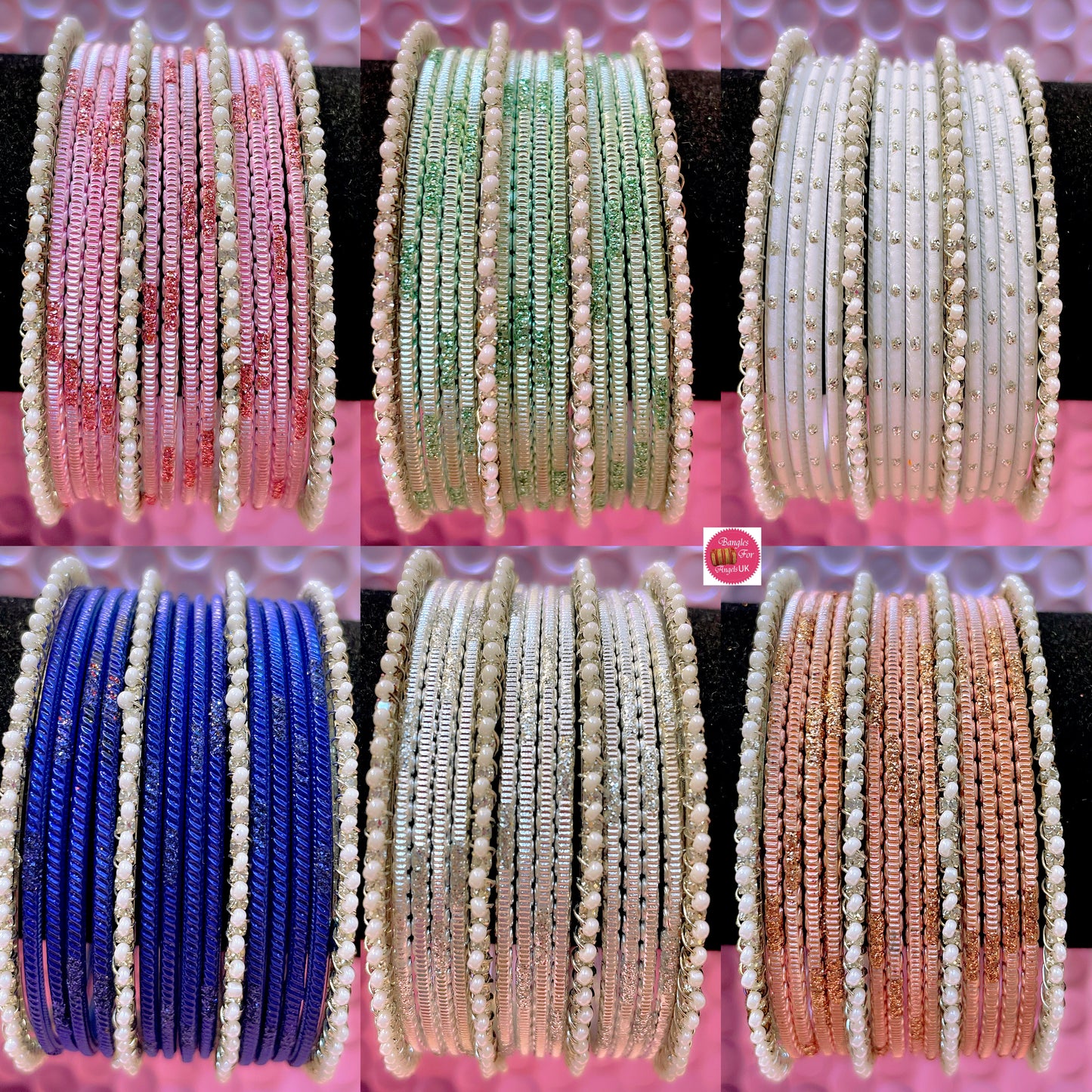 Silver Pearl Metal Bangles Sets- Various Colours