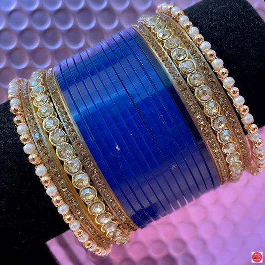 Gold Pearl Chura Bangles Set- Blue