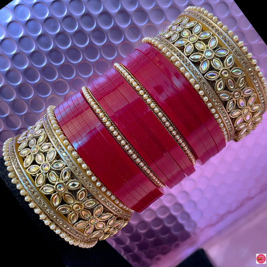 Kundan Pearl Bridal Chura Bangles Set- Deep Red