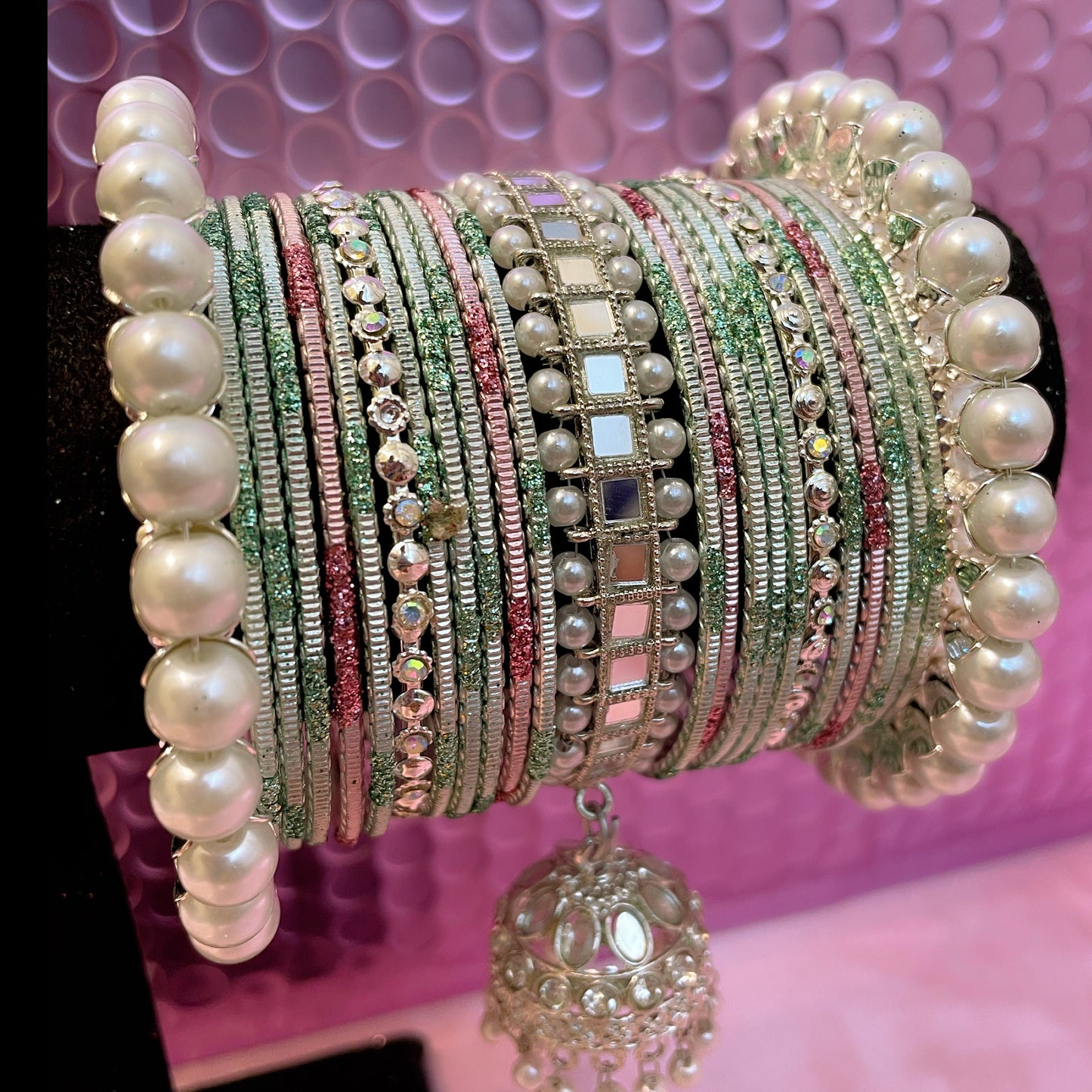 Silver Pearl Hanging Metal Bangles Set- Mint Green/Pink