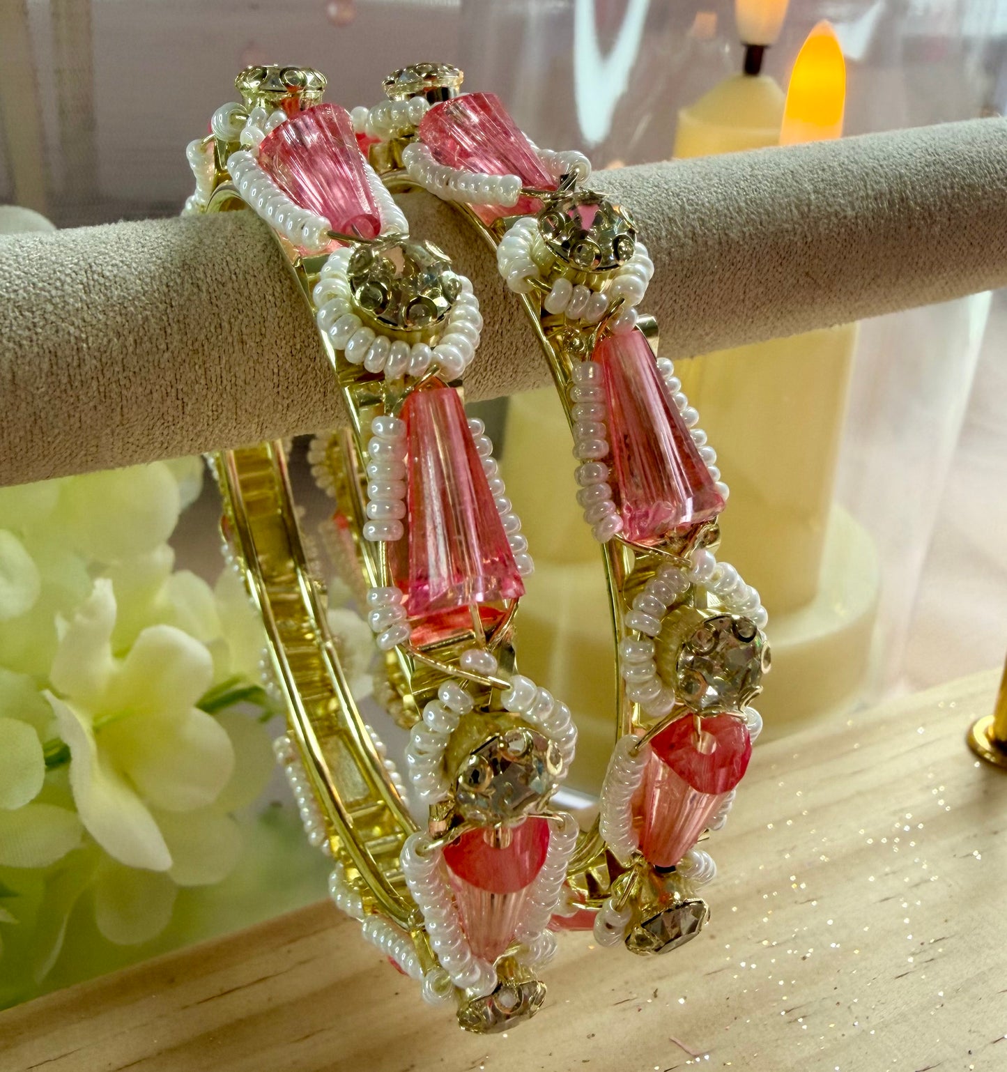 Silver Pink Pearl Metal Karas