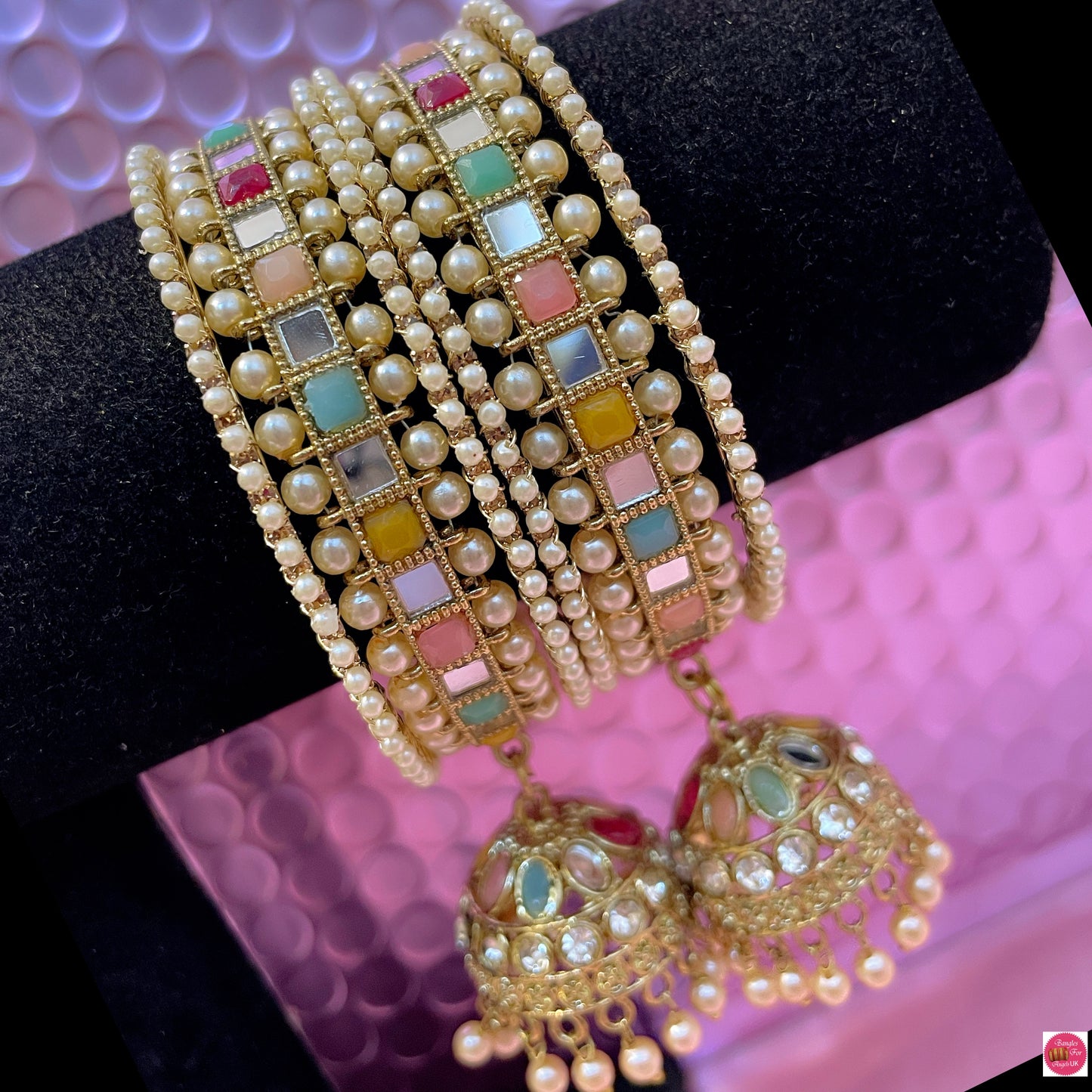 Kundan Pearl Hanging Metal Bangles Set