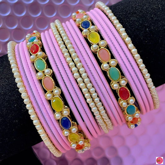 Kundan Pearl Metal Bangles Set- Light Pink