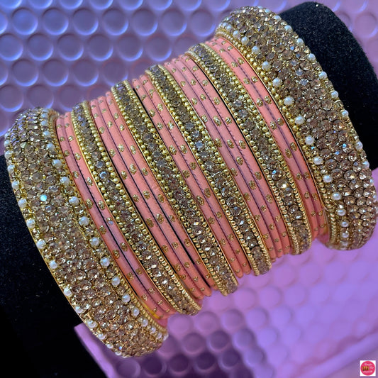 Gold Metal Bangles Set- Peach