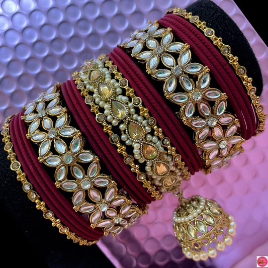 Kundan Pearl Hanging Metal Bangles Set- Maroon