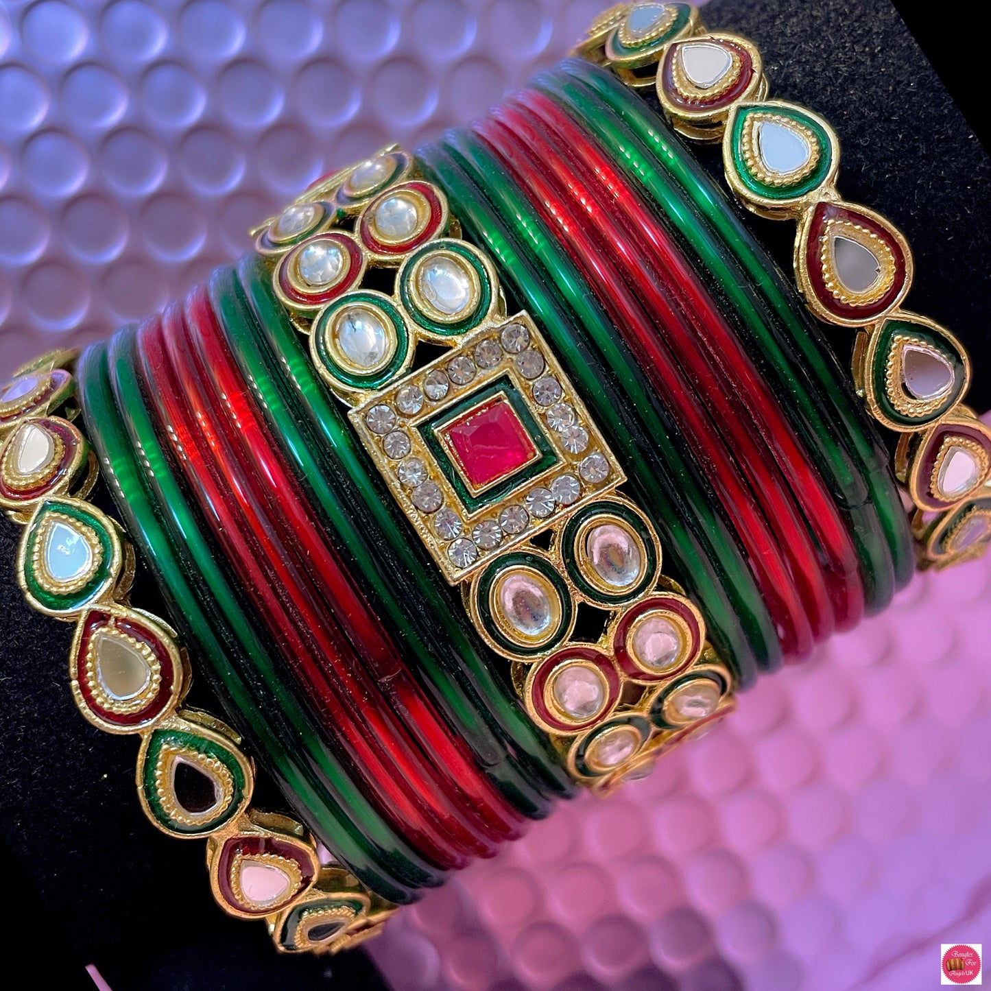 Kundan Glass Bangles Set- Red/Green