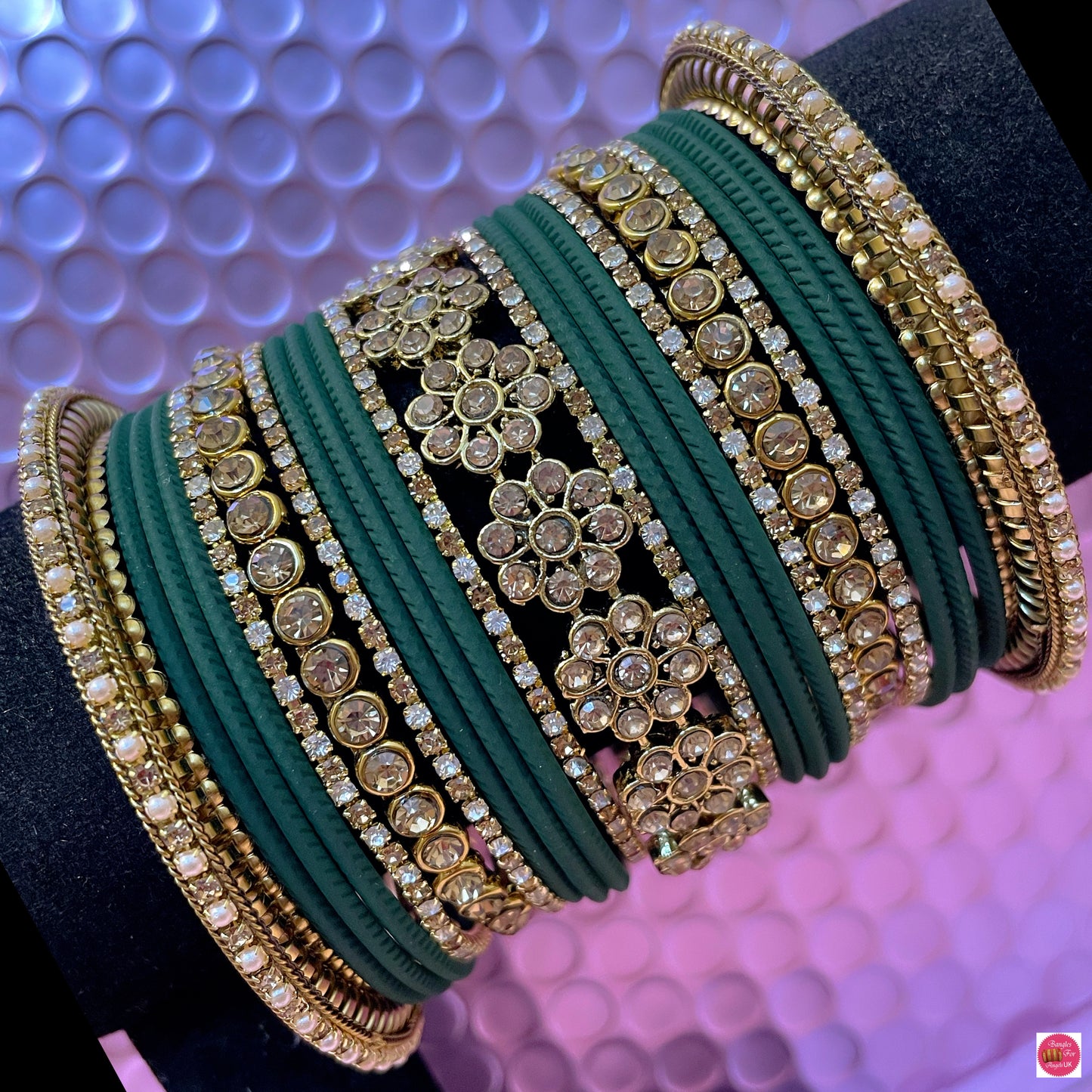 Gold Flower Zirconia Metal Bangles Set- Green