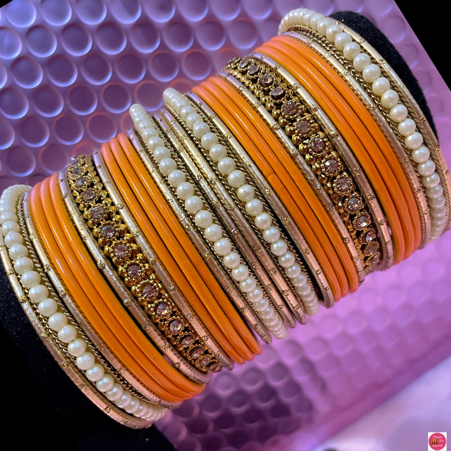 Pearl Metal Bangles Set- Turmeric Yellow/Orange/Haldi