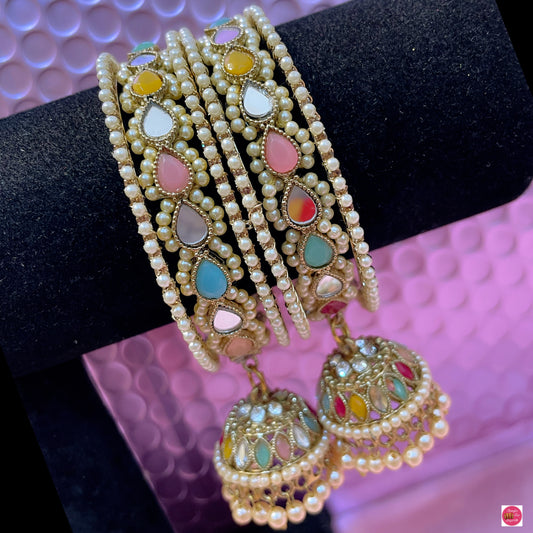 Multicoloured Kundan Pearl Hanging Metal Bangles Set- Size 2.4/2.6