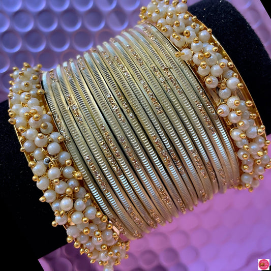 Pearl Metal Bangles Set- Cream/Beige