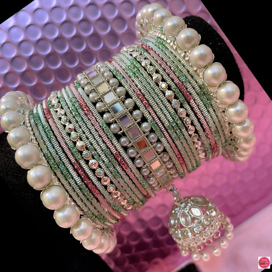 Silver Pearl Hanging Metal Bangles Set- Mint Green/Pink