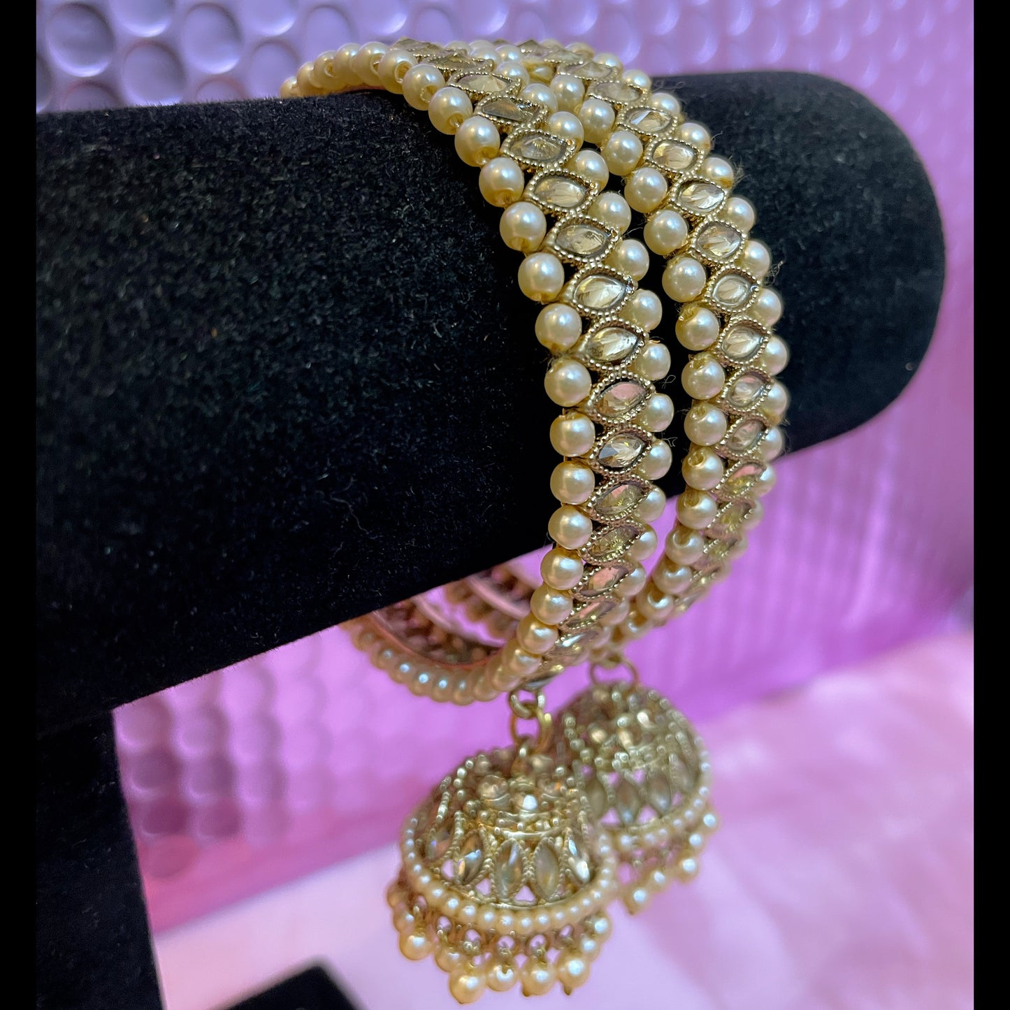 Kundan Pearl Hanging Metal Karas- Size 2.4/2.6/2.10