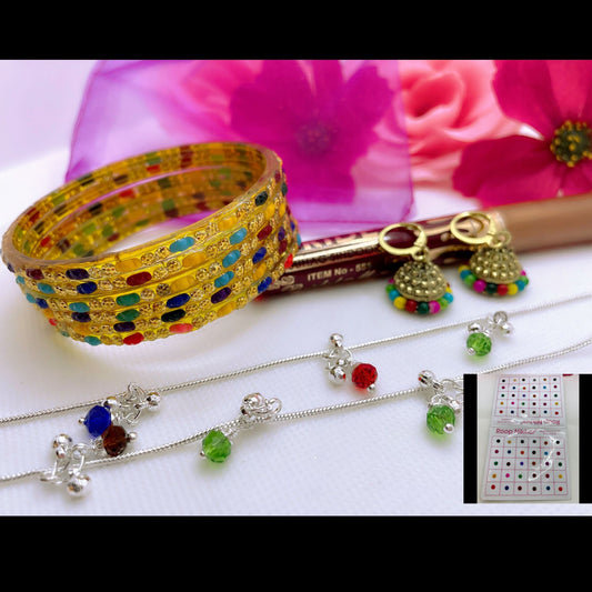 Anklet, Sindoor, Earings, Bindi & Glass Bangles- Combo Of 8 Packs