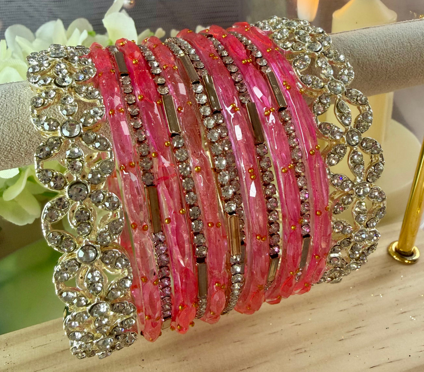Gold Pink Glass Bangles Set