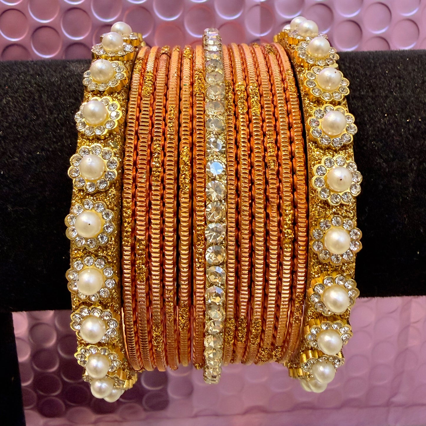 Gold Pearl Metal Bangles Sets In Assorted Colours