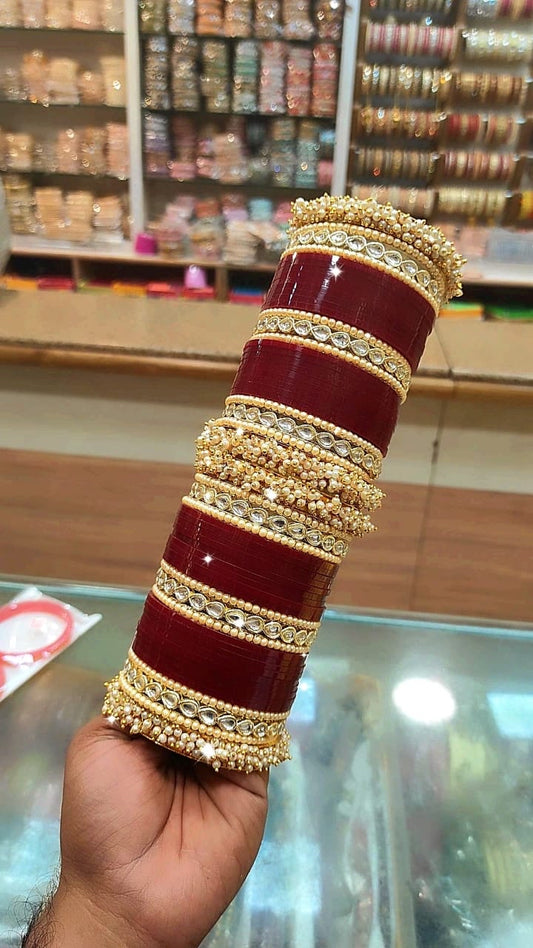 Kundan Pearl Maroon Bridal Chura Bangles Set