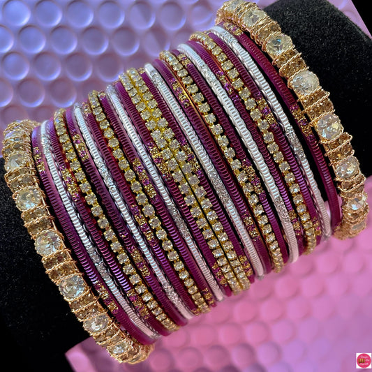 Gold Zirconia Metal Bangles Set- Plum Purple