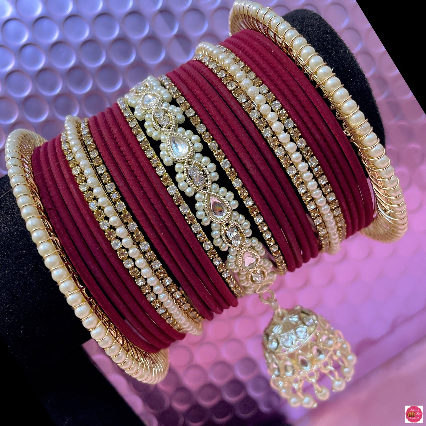 Kundan Pearl Hanging Metal Bangles Set- Maroonn