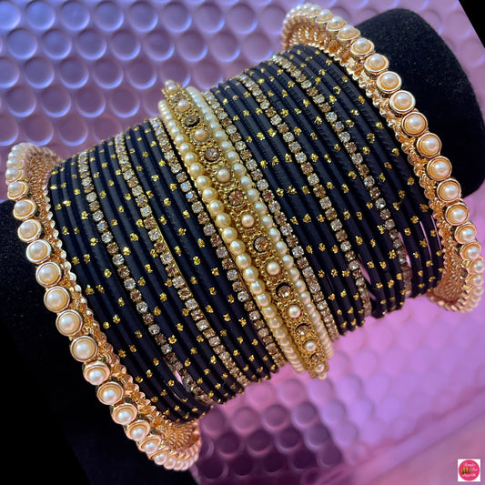 Gold Pearl Zirconia Metal Bangles Set- Black