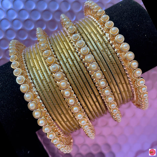 Gold Pearl Metal Bangles Set