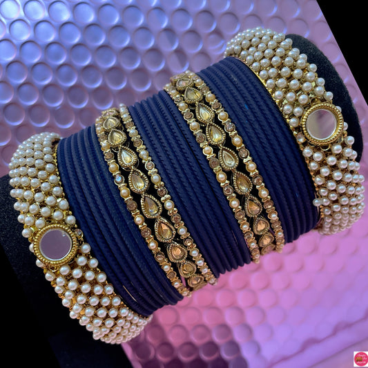 Kundan Pearl Metal Bangles Set- Navy Blue