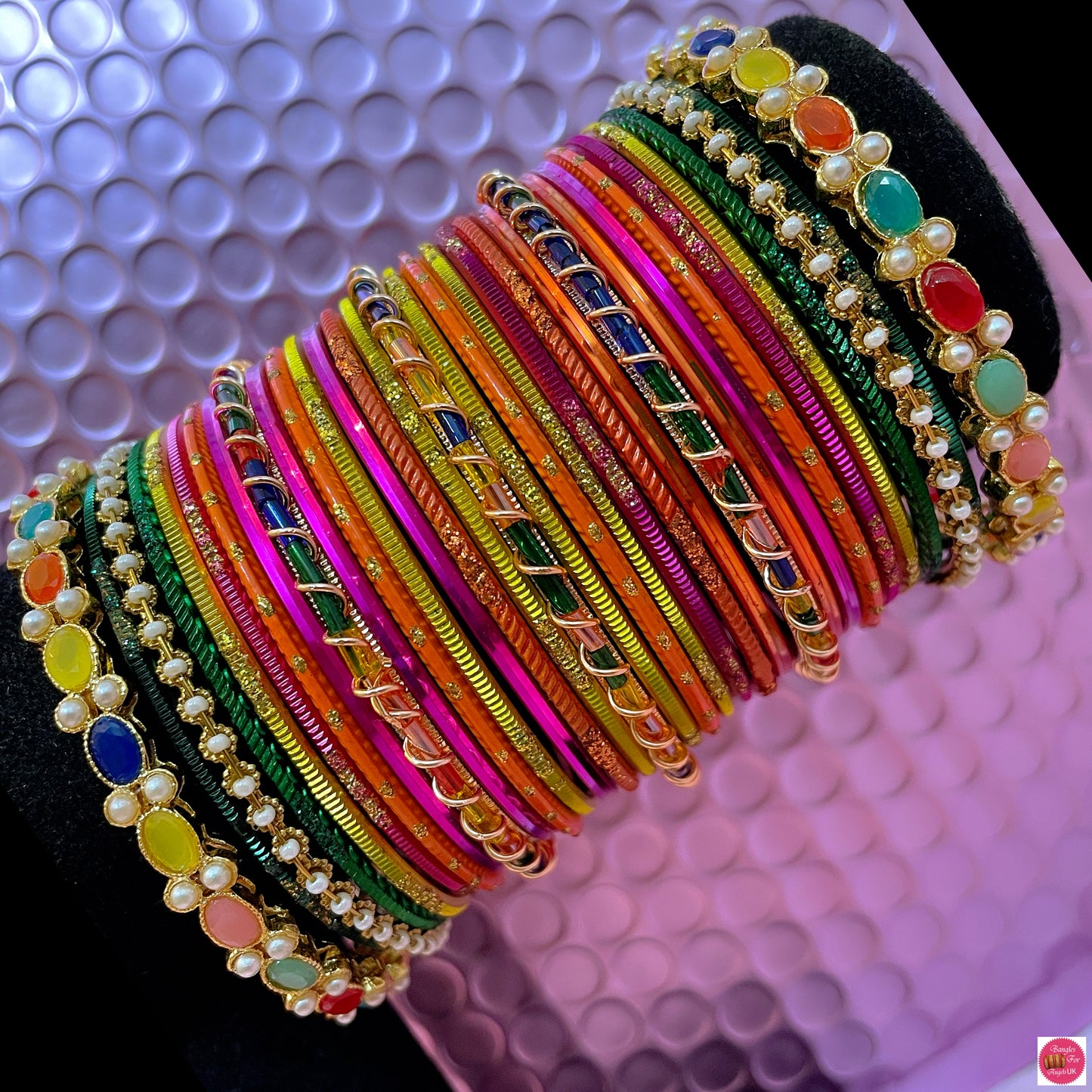 Multicoloured Pearl Mehendi Metal Bangles Set