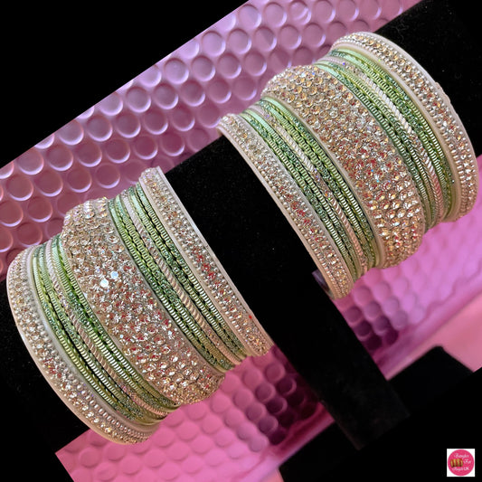 Silver Mint Green Metal Bangles Set- Size 2.2