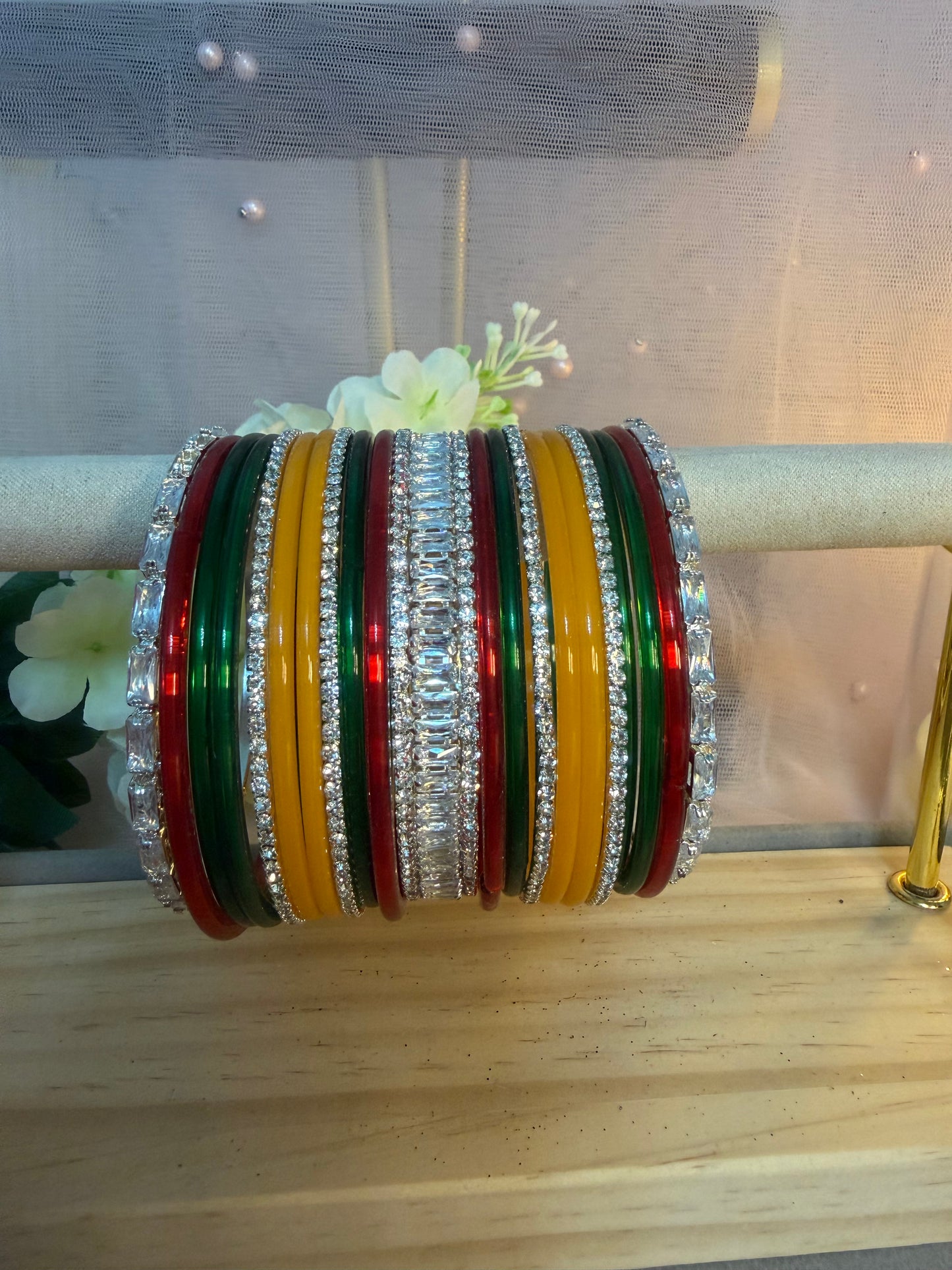 Silver Stone Glass Bangles Sets in various colors