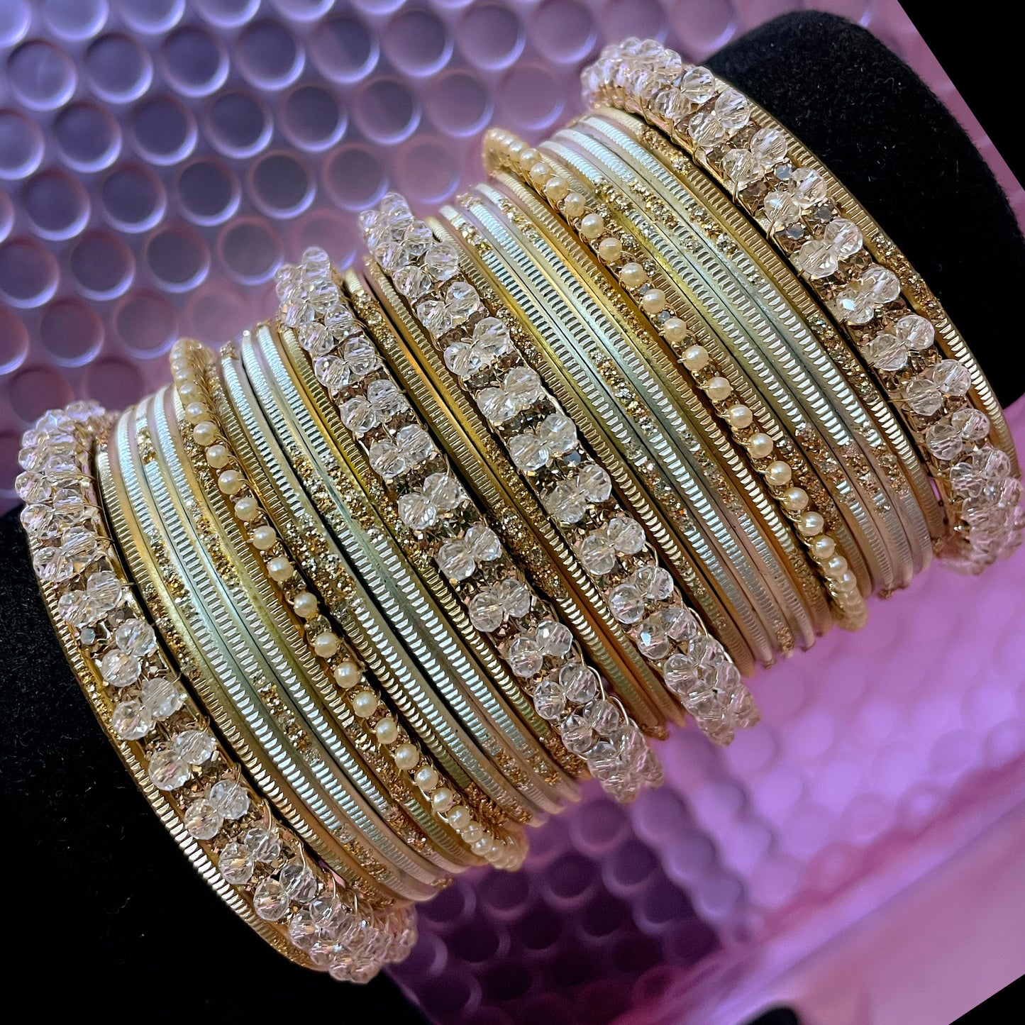 Gold Pearl Metal Bangles Sets- Various Colours