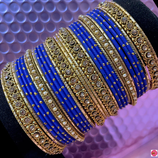 Gold Pearl Metal Bangles Set- Blue