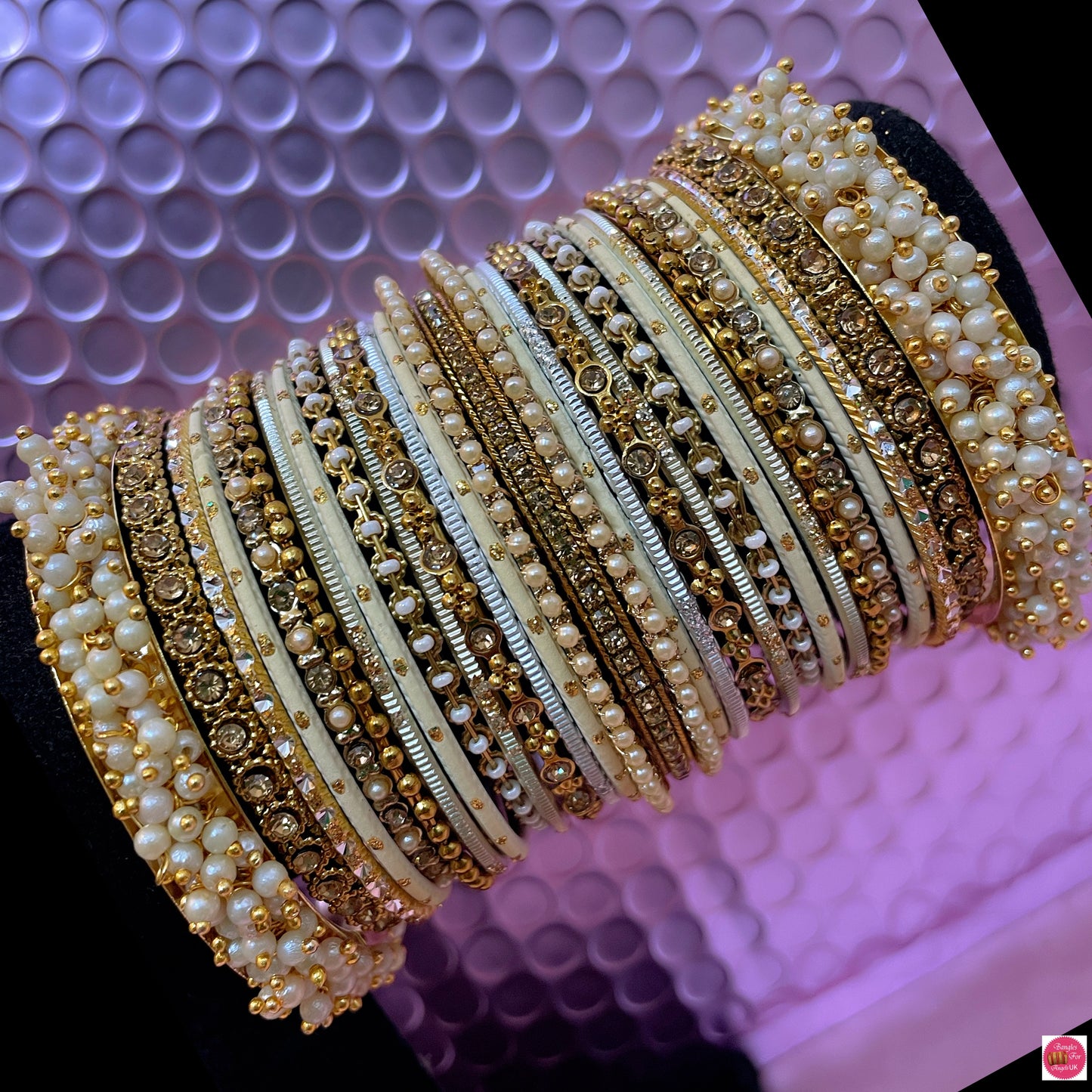 Pearl Metal Bangles Set- Golds/Cream/Beige