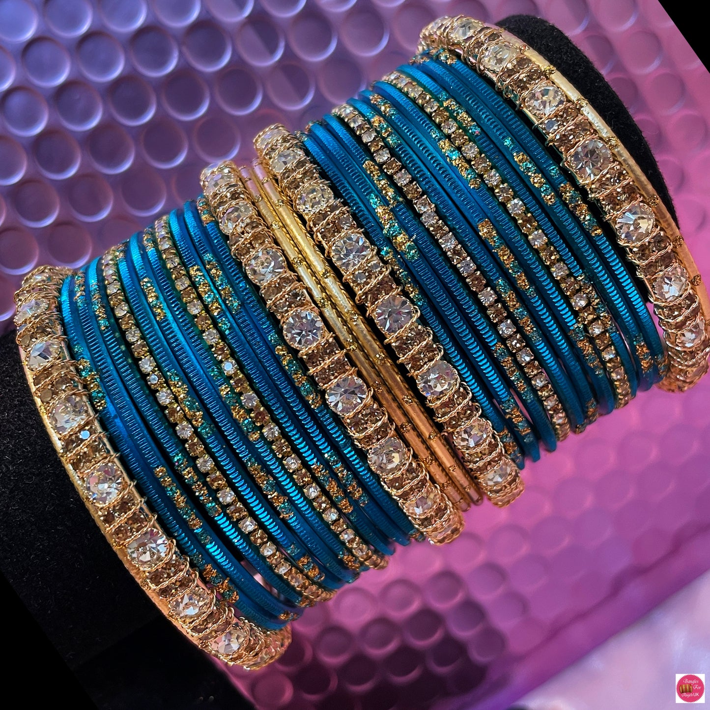 Gold Zirconia Metal Bangles Set- Teal