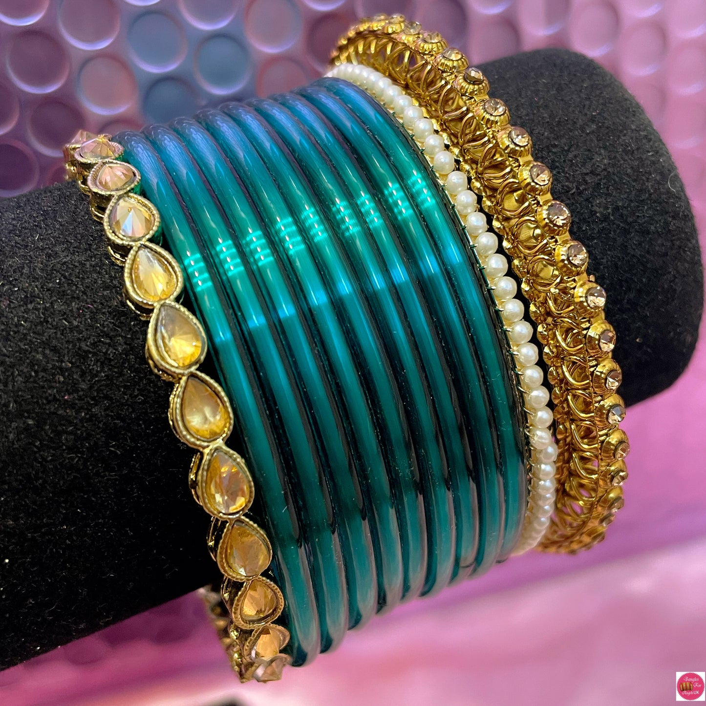 Kundan Pearl Glass Bangles Set- Teal Green