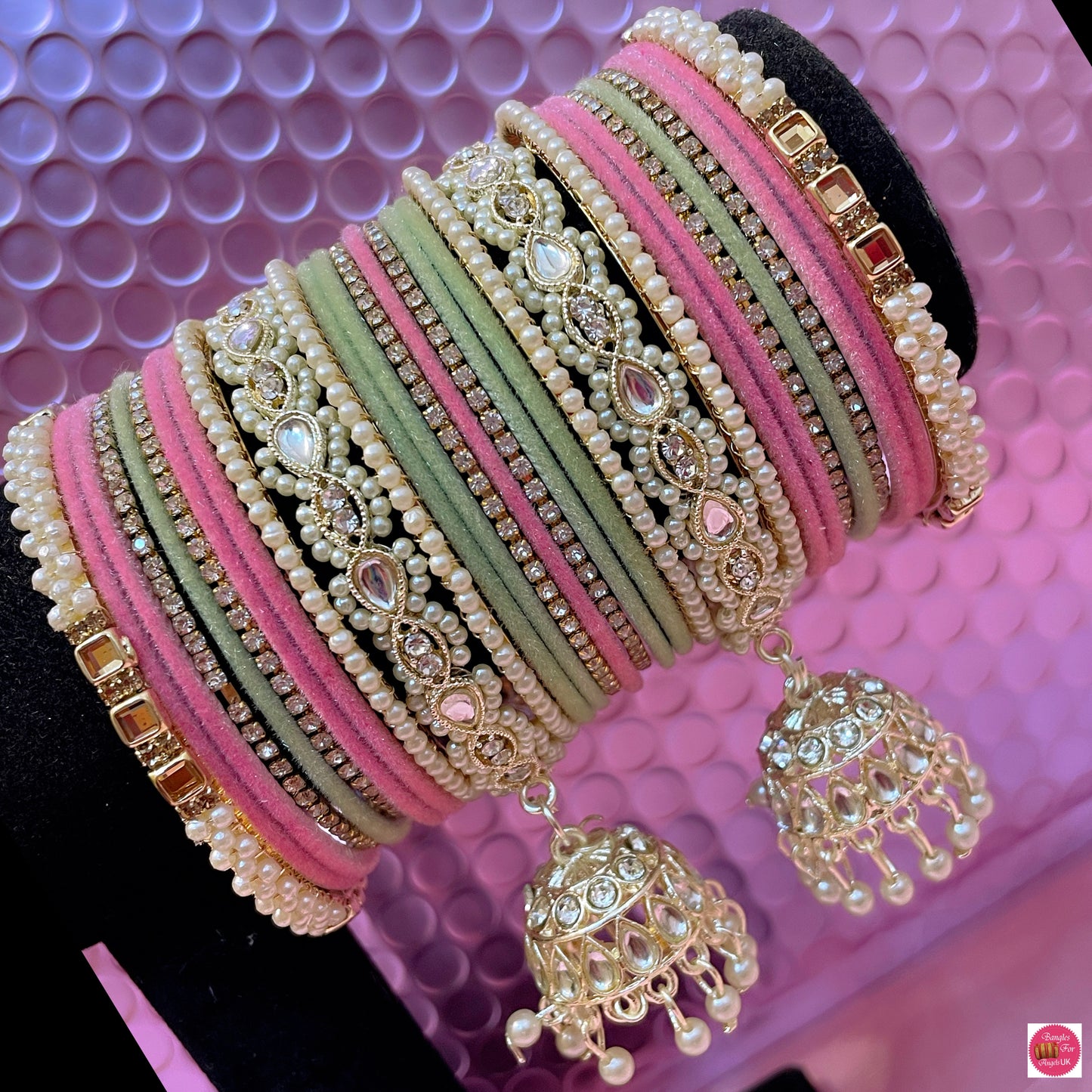 Kundan Pearl Hanging Metal Bangles Set- Mint Green/Pink