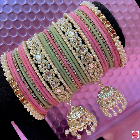 Kundan Pearl Hanging Metal Bangles Set- Mint Green/Pink