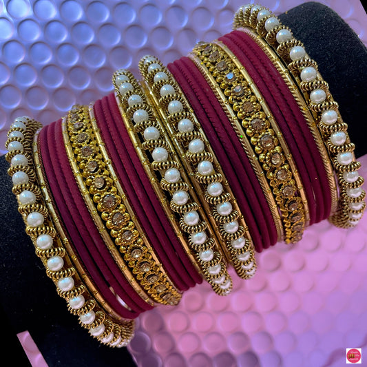 Pearl Metal Bangles Set- Maroon