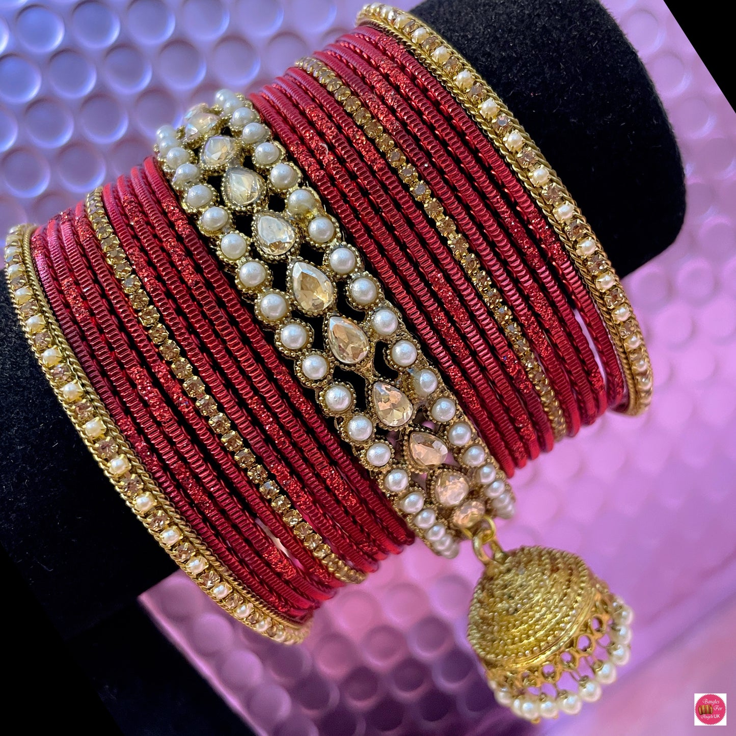 Kundan Pearl Hanging Metal Bangles Set- Maroon