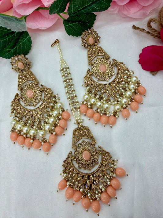 Kundan Pearl Maang Tikka & Earings Set- Peach