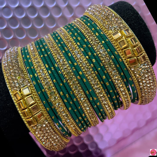 Gold & Green Metal Bangles Set- Size 2.10